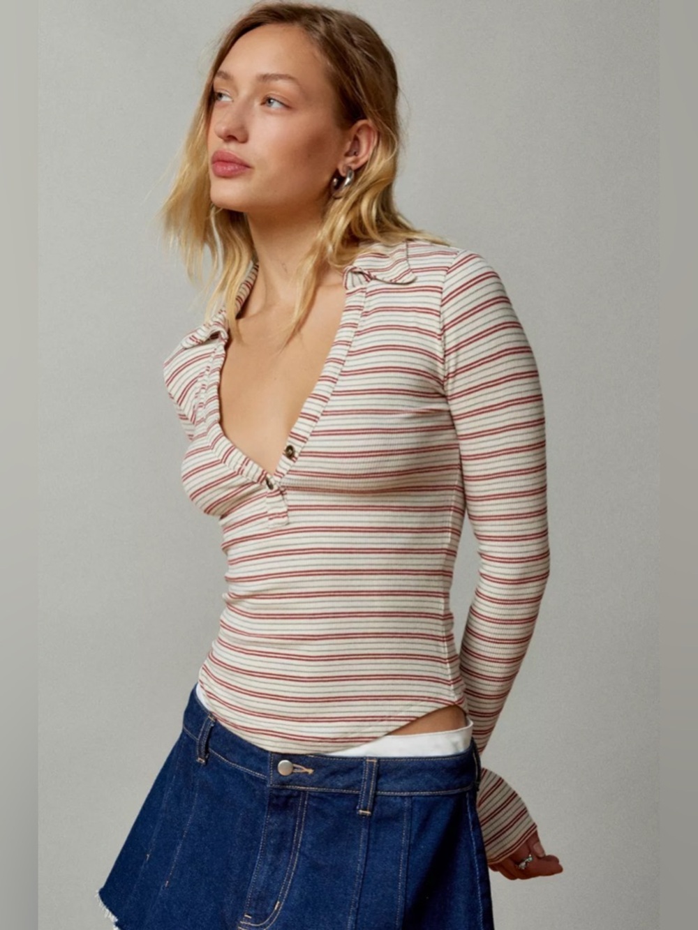 BDG Taylor Polo Long-Sleeve Striped Henley Top in Cream & Red